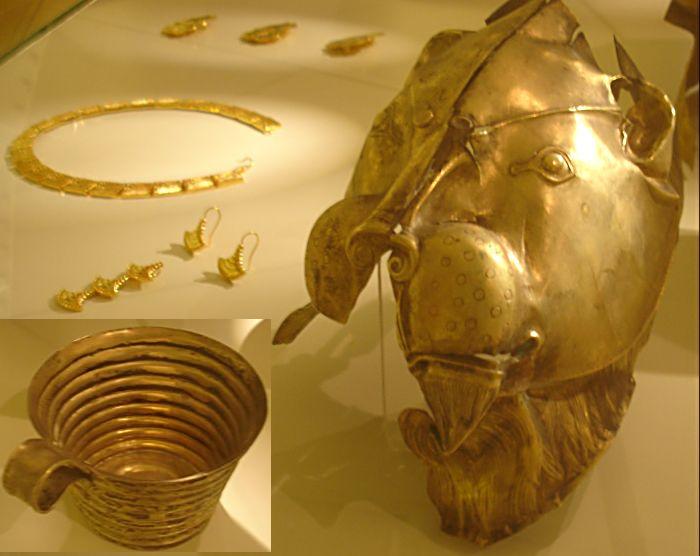 Золотая маска, кружка и украшение Микенских царей. Греция. Микены. (фото Лимарева В.Н.)