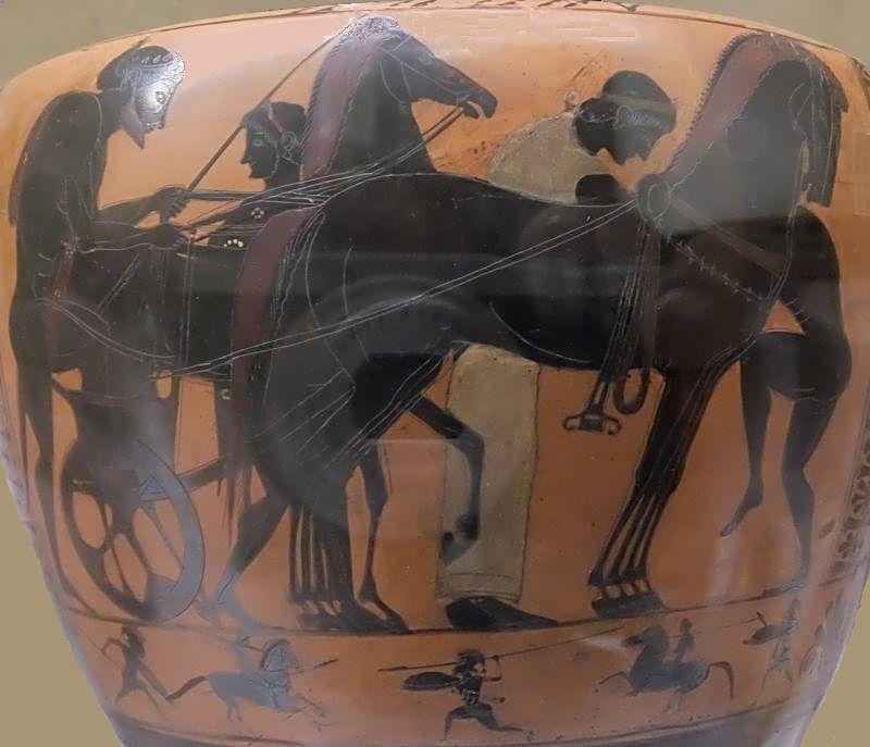 Приготовленная к состязанию колесница. (Рис. на анфоре)  Аттика. 530 г. до н.э. Эрмитаж. (Фото  Лимарева В.Н.)